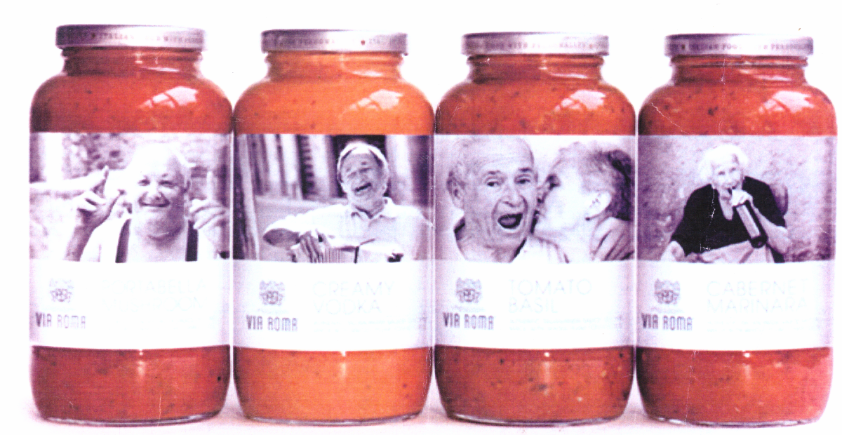 Packaged sauce products lined up together